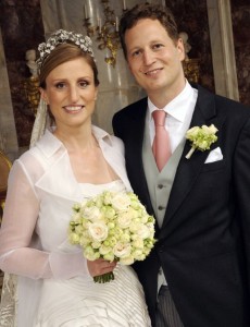 Prince Georg Frederich of Prussia and Princess Sophie von Isenburg pose after their religious wedding ceremony in Potsdam